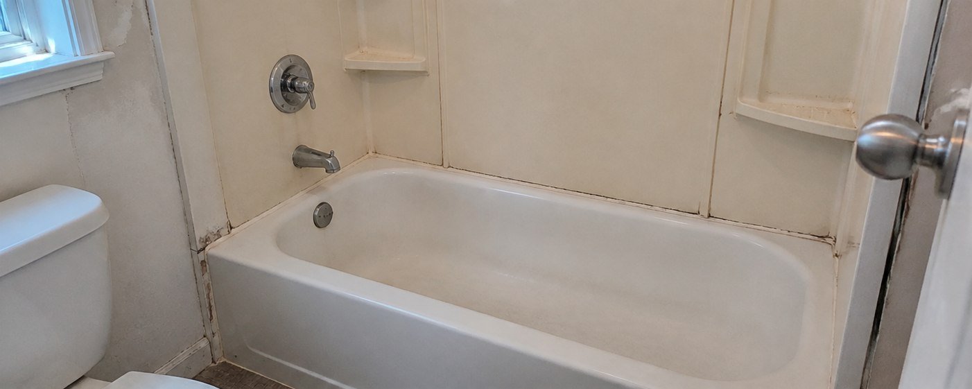Deteriorated bathtub with water damage before STN Property Services restoration