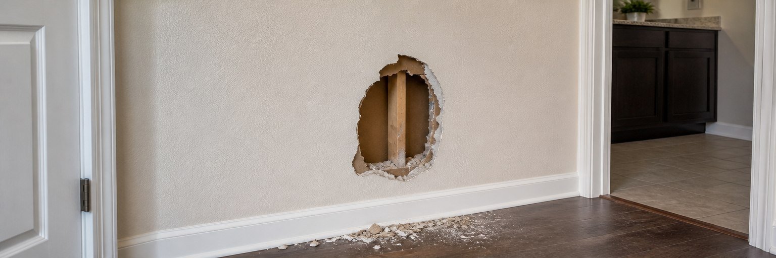 Large hole in an interior drywall wall before STN Property Services repair