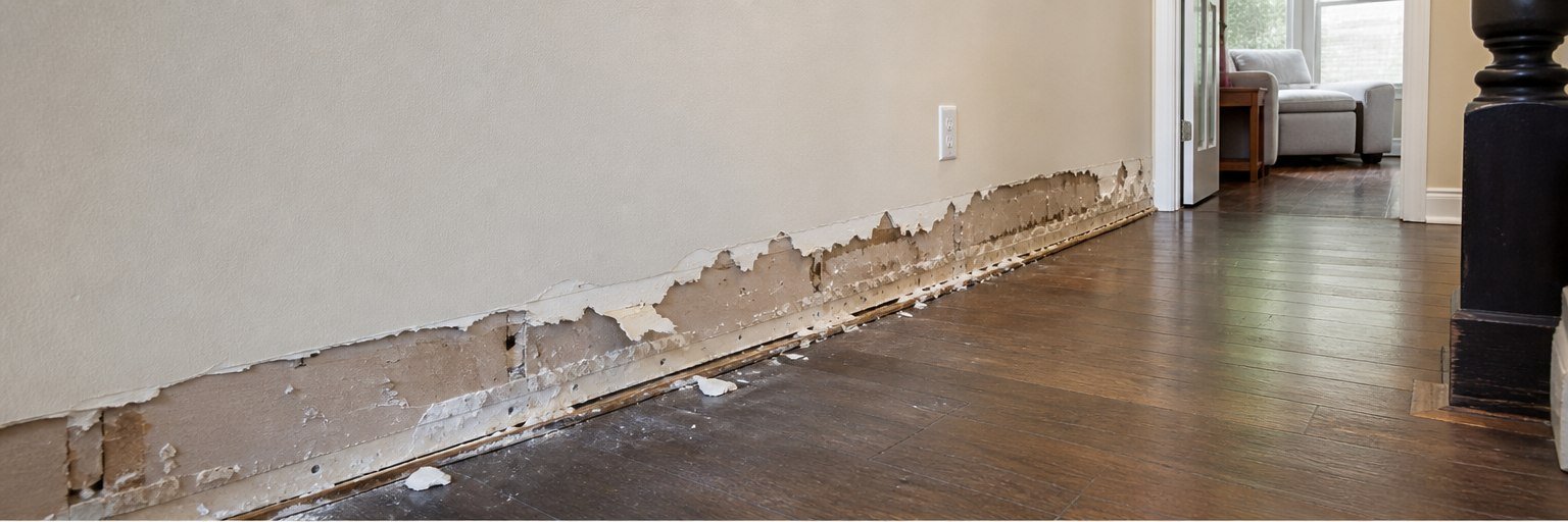 Damaged hallway wall with broken drywall before STN Property Services restoration