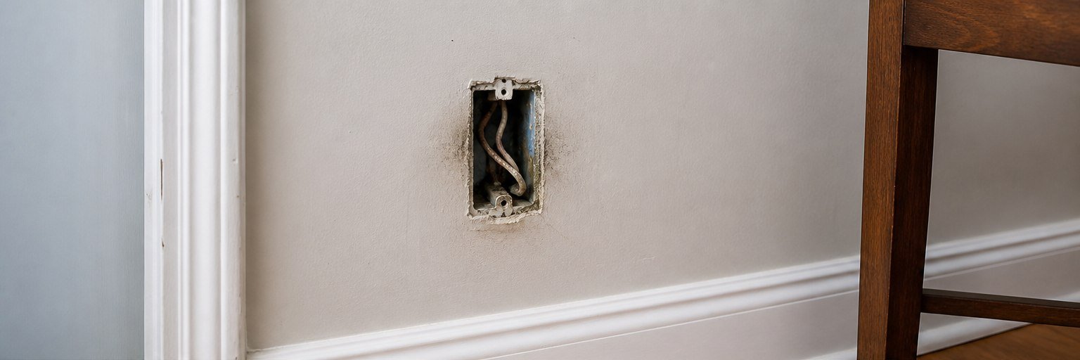 Damaged wiring exposed inside an open wall cavity before STN Property Services electrical repair