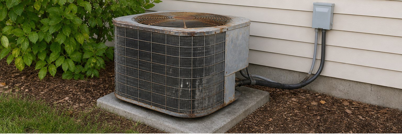 Old failing outdoor HVAC condenser unit before STN Property Services replacement