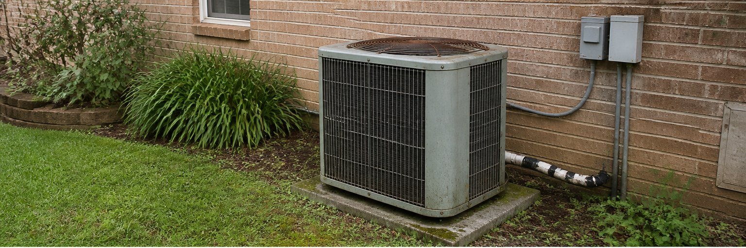 Aging exterior HVAC unit before STN Property Services system upgrade