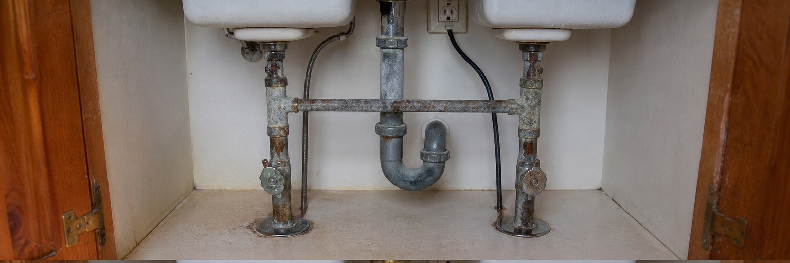 Corroded rusted metal plumbing pipes before STN Property Services plumbing replacement