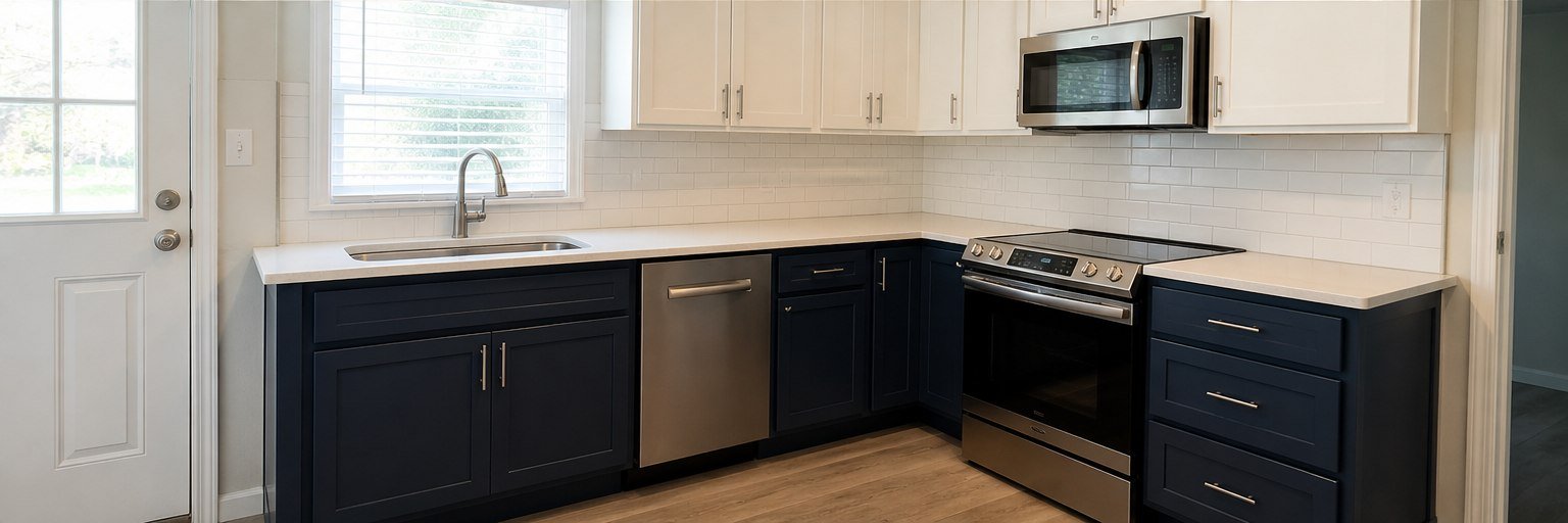 Finished kitchen with new cabinetry and tile after STN Property Services rebuild