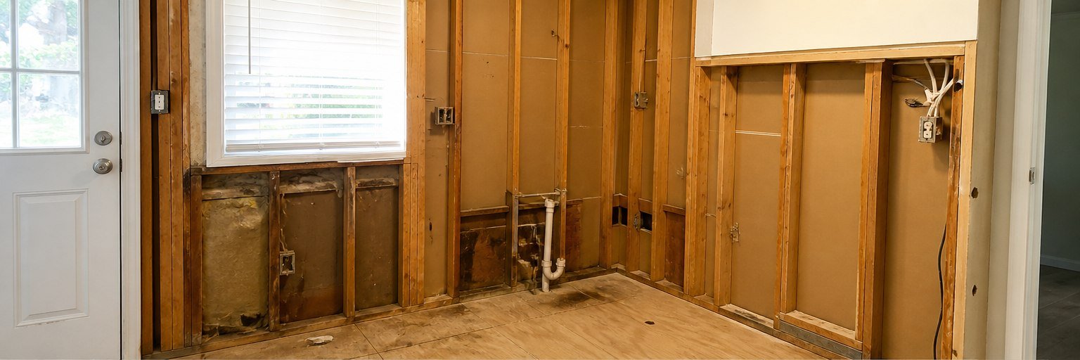 Kitchen stripped to studs with water damage before STN Property Services rebuild